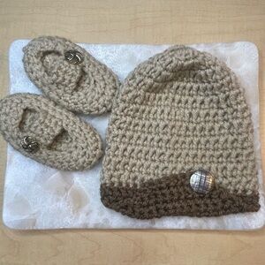 Handmade Baby Hat & Booties Set (0–5M) – Neutral Beige Brown Crochet